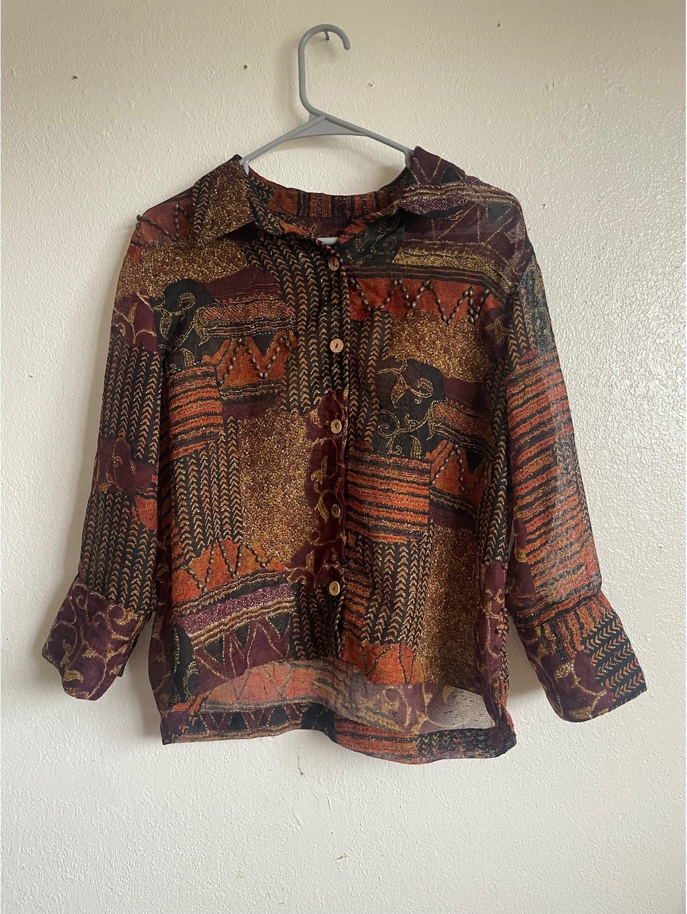 Vintage sheer granola boho earthy indie sleaze 90’s y2k Abstract button front